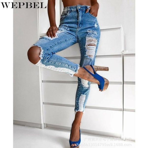 women's jeans wepbel casual solid color slim ripped pocket autumn fashion high waist button denim pencil pants, Blue
women's jeans wepbel casual solid color slim ripped pocket autumn fashion high waist button denim pencil pants, Blue