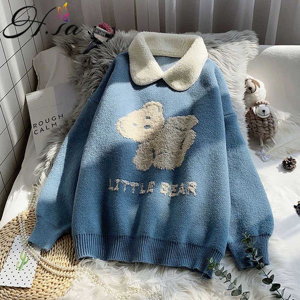 h.sa woman sweaters turn down collar cartoon cute loose sweater pullovers bear oversized pull jerseys mujer 210716, White;black
h.sa woman sweaters turn down collar cartoon cute loose sweater pullovers bear oversized pull jerseys mujer 210716, White;black