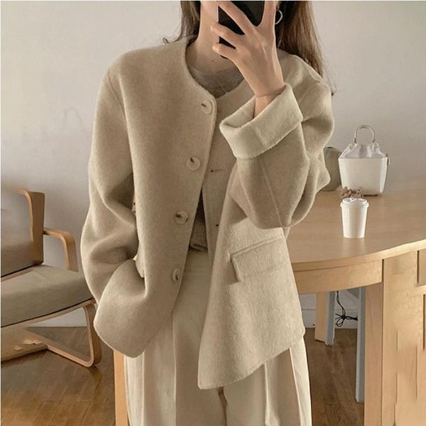 women's wool & blends autumn winter casual all-match edging stitched round neck long sleeve jacket coat, Black
women's wool & blends autumn winter casual all-match edging stitched round neck long sleeve jacket coat, Black