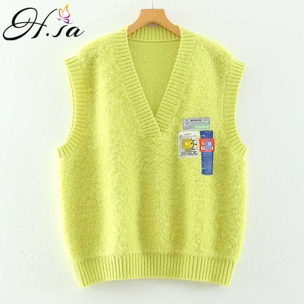 h.sa women sweater vest for spring knitwear cartoon embroidery pink vest sleeveless sweater knit vest v neck pull jumpers 210716, White;black
h.sa women sweater vest for spring knitwear cartoon embroidery pink vest sleeveless sweater knit vest v neck pull jumpers 210716, White;black