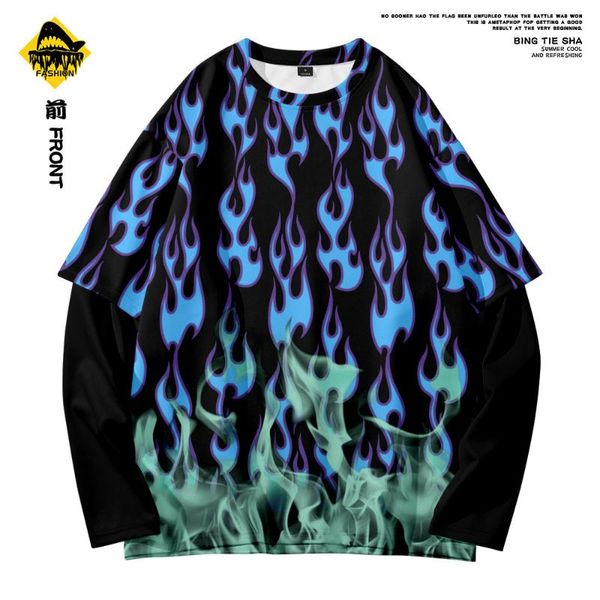 men's t-shirts spring autumn fake two-piece loose blue fire print t shirt long sleeve harajuku clothes male youth streetwear, White;black