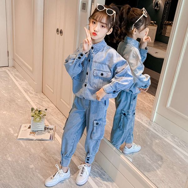 jeans denim shirt girls' two piece thin western spring children's suit, White
jeans denim shirt girls' two piece thin western spring children's suit, White
