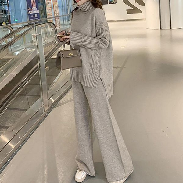 women's two piece pants autumn/winter fashion solid pullover turtleneck split thick sweater wide leg two-piece lazy wind loose knit sui, White
women's two piece pants autumn/winter fashion solid pullover turtleneck split thick sweater wide leg two-piece lazy wind loose knit sui, White