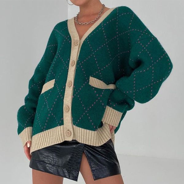 oversized argyle knitted cardigan women sweater y2k patchwork plaid loose v-neck sweaters female 2021 autumn vintage lady top, White;black
oversized argyle knitted cardigan women sweater y2k patchwork plaid loose v-neck sweaters female 2021 autumn vintage lady top, White;black