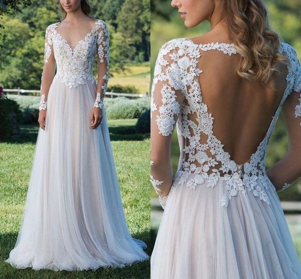 2021 new simple long sleeves lace boho wedding es backless applique bridal gown custom made beach tulle robe de mariee h3sq, White
2021 new simple long sleeves lace boho wedding es backless applique bridal gown custom made beach tulle robe de mariee h3sq, White