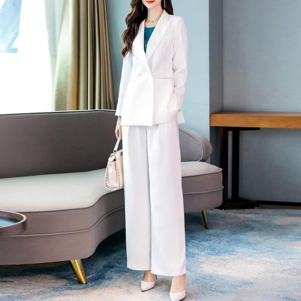 women's two piece pants korean white spring autumn set women double breasted blazer coat + high elastic waist wide leg suit sets 
women's two piece pants korean white spring autumn set women double breasted blazer coat + high elastic waist wide leg suit sets