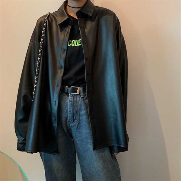 women oversized pu leather blouses spring autumn black faux leather basic coat turn-down collar motor biker jacket 211110
women oversized pu leather blouses spring autumn black faux leather basic coat turn-down collar motor biker jacket 211110