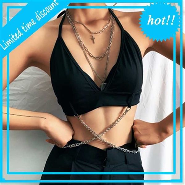 2021 summer new style punk metals chain decorative crop shirt neck bandages v-neck holder vest women, White 
2021 summer new style punk metals chain decorative crop shirt neck bandages v-neck holder vest women, White