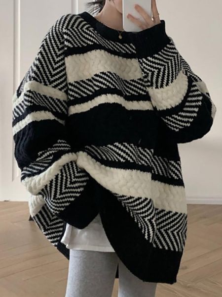 women's sweaters black and white striped sweater autumn winter loose pullover lazy wind wear thin knitted chic coat, White;black
women's sweaters black and white striped sweater autumn winter loose pullover lazy wind wear thin knitted chic coat, White;black