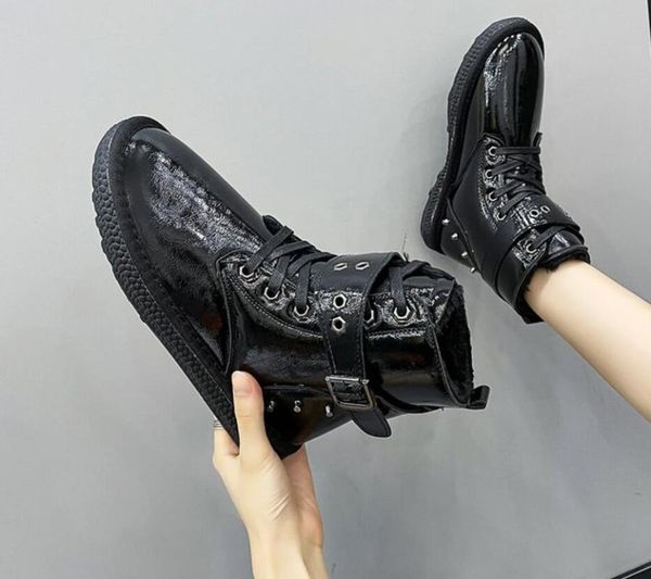 boots winter snow women's warm rivet short-tube cotton shoes bright surface plus velvet thick lace-up, Black
boots winter snow women's warm rivet short-tube cotton shoes bright surface plus velvet thick lace-up, Black