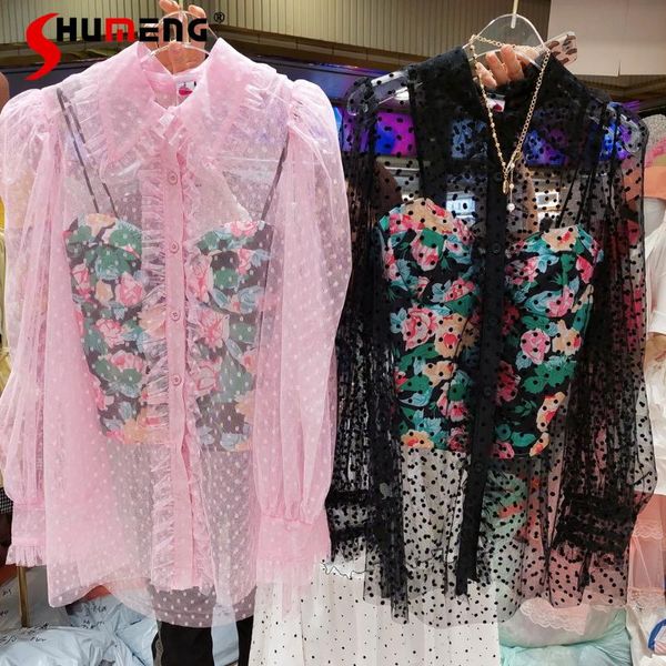 women's blouses & shirts summer 2021 korean-style big flower wrapped chest strap mesh lace polka dot fairy long shirt, White
women's blouses & shirts summer 2021 korean-style big flower wrapped chest strap mesh lace polka dot fairy long shirt, White