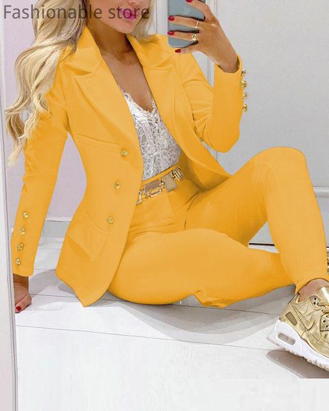 women's two piece pants women blazer suits long sleeve double breasted set office ladies two-piece sets, White
women's two piece pants women blazer suits long sleeve double breasted set office ladies two-piece sets, White