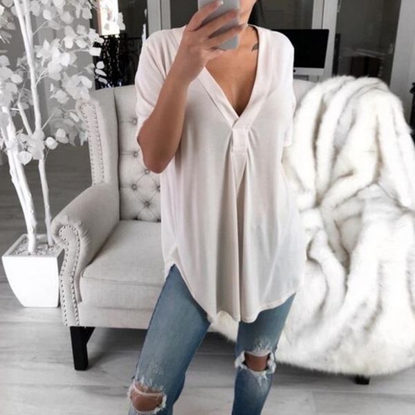 2021 new casual loose t-shirt women summer short mouw effen color v-neck long baggy tee shirts dame plus size 3xl, White
2021 new casual loose t-shirt women summer short mouw effen color v-neck long baggy tee shirts dame plus size 3xl, White