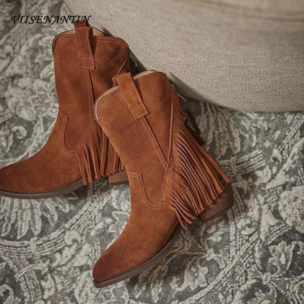 boots autumn style cow suede color matching round head square heel car stitching fashion women's mid-tube tassel, Black
boots autumn style cow suede color matching round head square heel car stitching fashion women's mid-tube tassel, Black