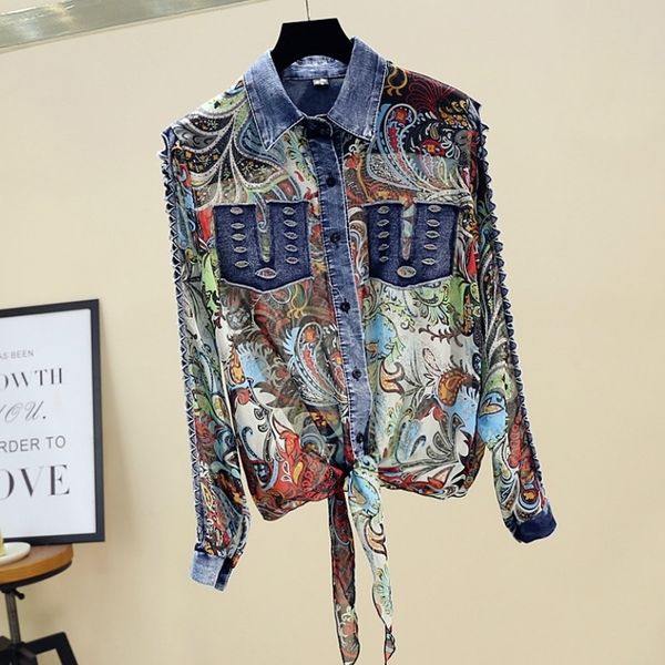 chic women chiffon patchwork denim shirts lady floral chiffon shirts woman hole sleeve femme blouses 210315, White
chic women chiffon patchwork denim shirts lady floral chiffon shirts woman hole sleeve femme blouses 210315, White