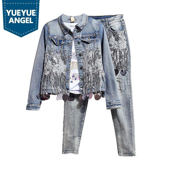 women's tracksuits washed retro denim suits women spring autumn embroidery tassel lapel single-breasted jacket jeans two-piece sets str, Gray
women's tracksuits washed retro denim suits women spring autumn embroidery tassel lapel single-breasted jacket jeans two-piece sets str, Gray
