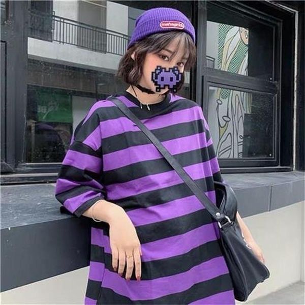 women's t-shirt qweek korean style striped print streetwear women summer 2021 kpop half sleeve purple loose couples fashion harajuku, White
women's t-shirt qweek korean style striped print streetwear women summer 2021 kpop half sleeve purple loose couples fashion harajuku, White