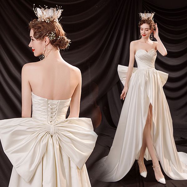 french style strapless hi-lo split front bride wedding dress sweep train a-line satin bow back design pleats princess dresses, White
french style strapless hi-lo split front bride wedding dress sweep train a-line satin bow back design pleats princess dresses, White