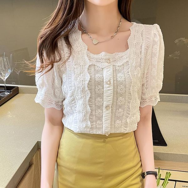 women's blouses & shirts women korean style summer 2021 lotus leaf lace hollow out v-neck short puff sleeve female fashion, White
women's blouses & shirts women korean style summer 2021 lotus leaf lace hollow out v-neck short puff sleeve female fashion, White