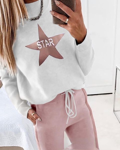 women's two piece pants 2021 cross border pink star print leisure suit, White