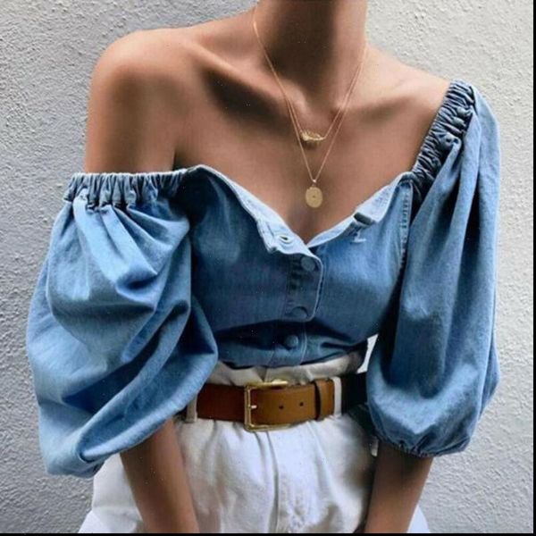 2021 new women off shoulder denim shirts lantern sleeve blouses solid ladies elastic slash neck shirts all matching women, White
2021 new women off shoulder denim shirts lantern sleeve blouses solid ladies elastic slash neck shirts all matching women, White