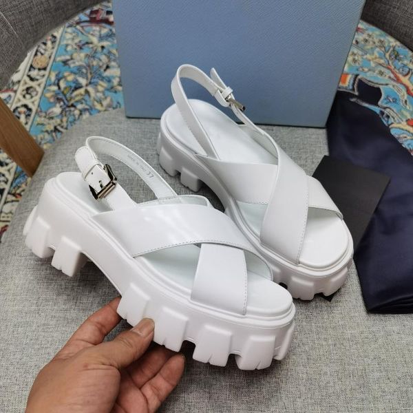 sandals shoes women summer genuine leather platform round toe buckle solid back strap zapatos de mujer, Black