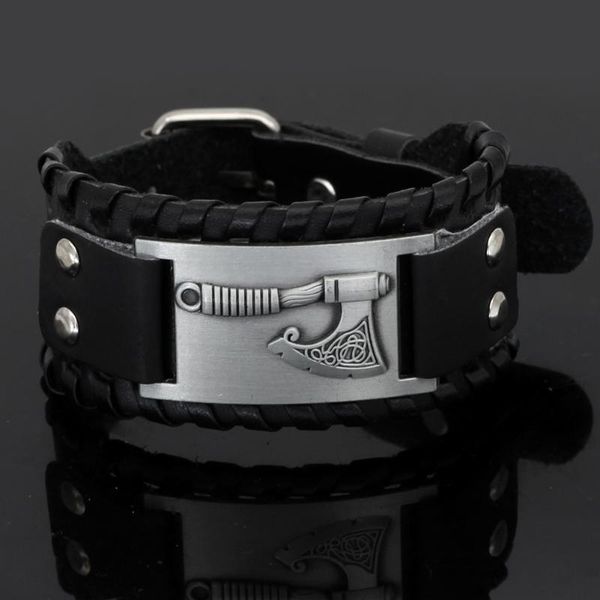 link, chain viking axe leather bracelet jewelry for men women with valknut gift bag, Black
link, chain viking axe leather bracelet jewelry for men women with valknut gift bag, Black