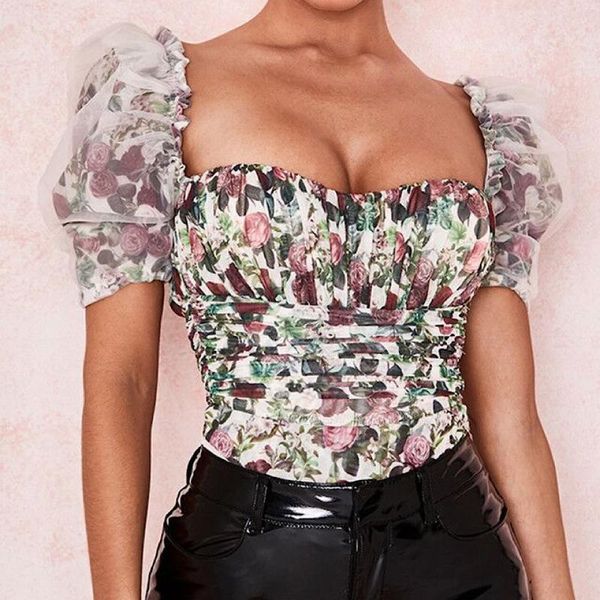 square neck floral mesh printed blouse women fashion elegant female cropped bustier summer shirt short puff sleeve blouse, White
square neck floral mesh printed blouse women fashion elegant female cropped bustier summer shirt short puff sleeve blouse, White
