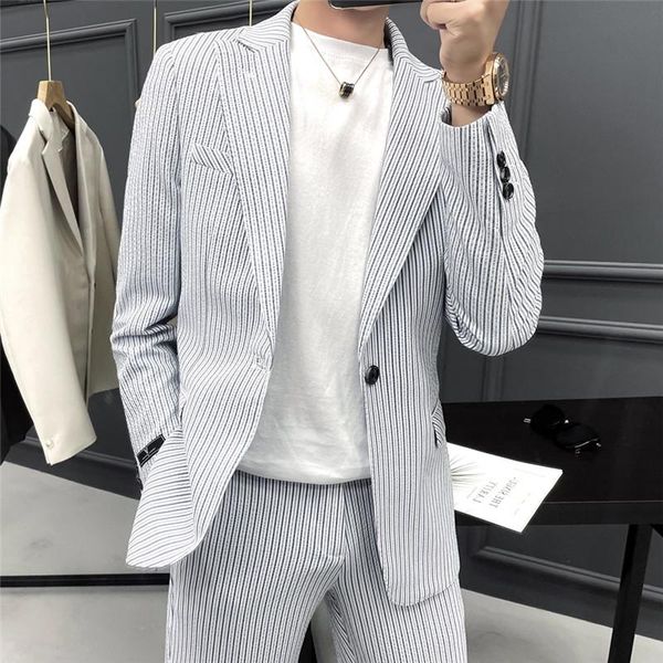men's suits & blazers 2021 fashion men striped and pants slim fit young mens casual suit 2piece sets size s m xl xxl xxxl, White;black
men's suits & blazers 2021 fashion men striped and pants slim fit young mens casual suit 2piece sets size s m xl xxl xxxl, White;black