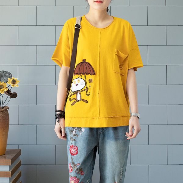 2021 women summer new arrival korea style round neck cartoon printing short sleeve with pockets cotton female casual tshirt cute tees qcnl, White