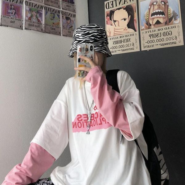 women's t-shirt spring and summer korean 2021 printed letter stitching fake two loose round neck long sleeve, White
women's t-shirt spring and summer korean 2021 printed letter stitching fake two loose round neck long sleeve, White