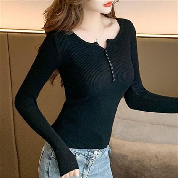 women's polos spring and autumn v-neck black bottoming shirt design sense non-mainstream girl thin slim fit sweaters top, White