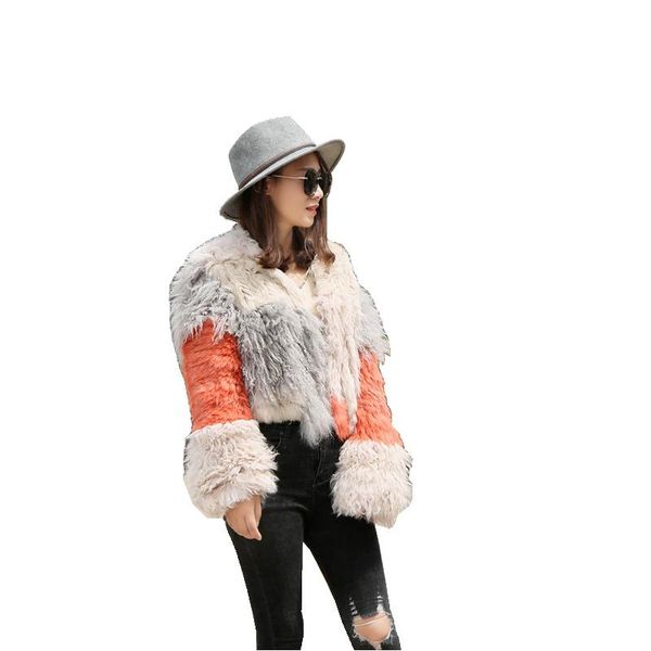 women's fur & faux lady real knitted jacket coat lamb patchwork autumn winter genuine women short outerwear coats lf4207, Black
women's fur & faux lady real knitted jacket coat lamb patchwork autumn winter genuine women short outerwear coats lf4207, Black