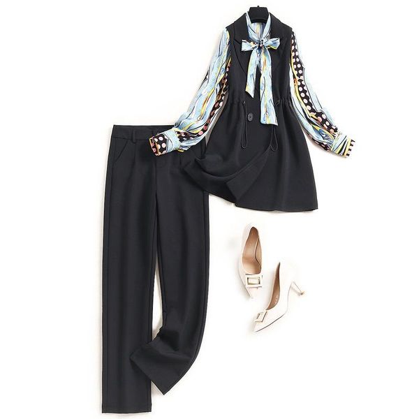 2021 autumn fall winter women suits office lady blouses bow collar shirts + black long vest + pants elegant three piece outfit, White
2021 autumn fall winter women suits office lady blouses bow collar shirts + black long vest + pants elegant three piece outfit, White