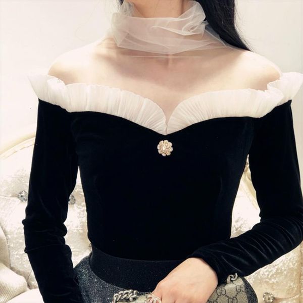 transparent stand collar velour ruffled women shirts and plus size black long sleeve chemise blusa, White
transparent stand collar velour ruffled women shirts and plus size black long sleeve chemise blusa, White