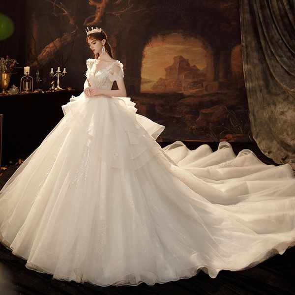 princess wedding dresses with short-sleeves v-neck sequins appliqued race vintage ball gown wedding dress custom made vestidos de novia, White
princess wedding dresses with short-sleeves v-neck sequins appliqued race vintage ball gown wedding dress custom made vestidos de novia, White