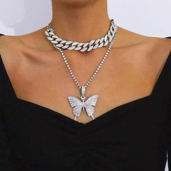 Chains Women Jewelry Punk Cuban Double Layer Big Butterfly Pendant Necklace Full Rhinestone Choker Thick Chain, Silver
Chains Women Jewelry Punk Cuban Double Layer Big Butterfly Pendant Necklace Full Rhinestone Choker Thick Chain, Silver