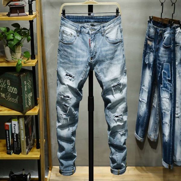 spring and summer 9-point hole stretch jeans men's fashion casual youth light color pants art wash versatilewinter, Blue 
spring and summer 9-point hole stretch jeans men's fashion casual youth light color pants art wash versatilewinter, Blue