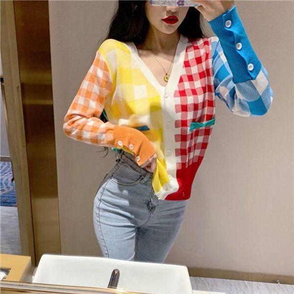 woman cardigan color matching women sweater rainbow plaid womens summer knitwear v neck coat, White;black
woman cardigan color matching women sweater rainbow plaid womens summer knitwear v neck coat, White;black