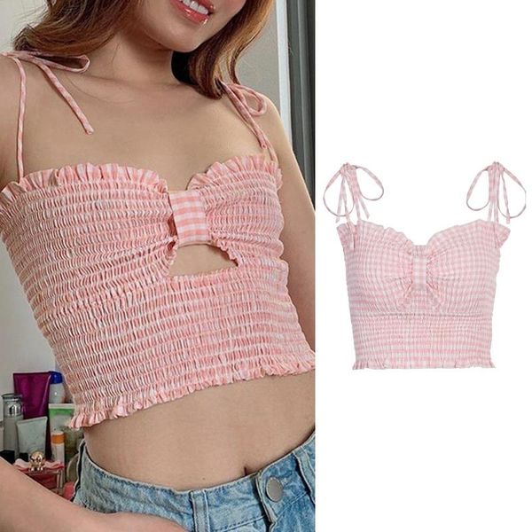 women's tanks & camis sweet bandage plaid straped ruched crop summer fashion hollow out bow ruffle hem kawaii tank, White
women's tanks & camis sweet bandage plaid straped ruched crop summer fashion hollow out bow ruffle hem kawaii tank, White