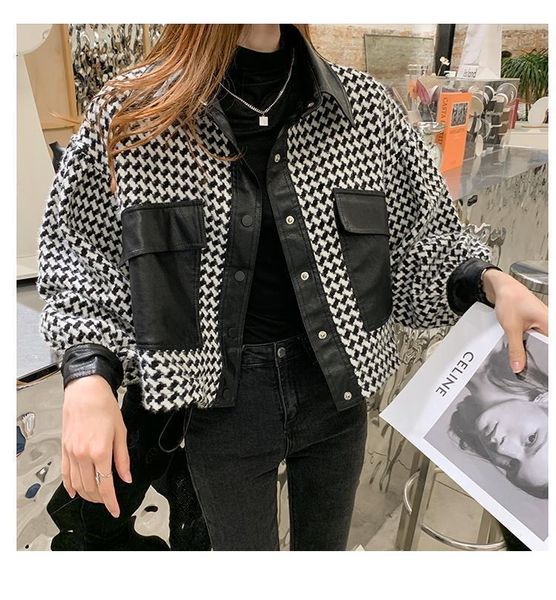 women's jackets houndstooth leather jacket short spring and autumn loose all-match woman women, Black;brown
women's jackets houndstooth leather jacket short spring and autumn loose all-match woman women, Black;brown