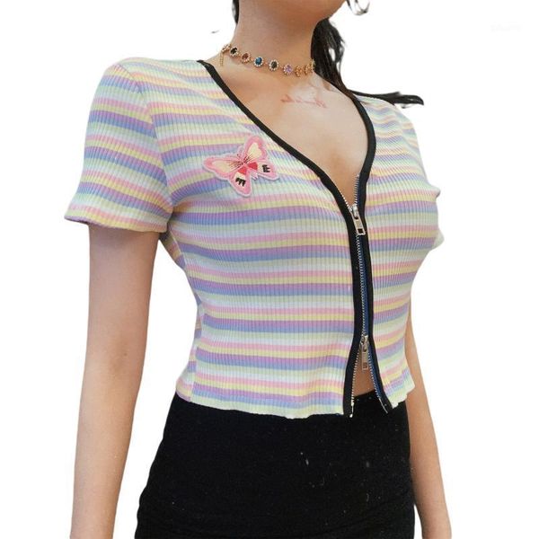 woman´s rainbow stripe t-shirt, v-neck short sleeve butterfly embroidery zipper midriff-baring slim women's t-shirt, White
woman´s rainbow stripe t-shirt, v-neck short sleeve butterfly embroidery zipper midriff-baring slim women's t-shirt, White