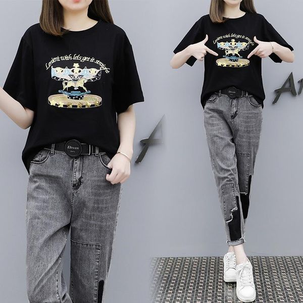 european summer female new exquisite embroidery inst t-shirt nine points jeans two suits, White
european summer female new exquisite embroidery inst t-shirt nine points jeans two suits, White
