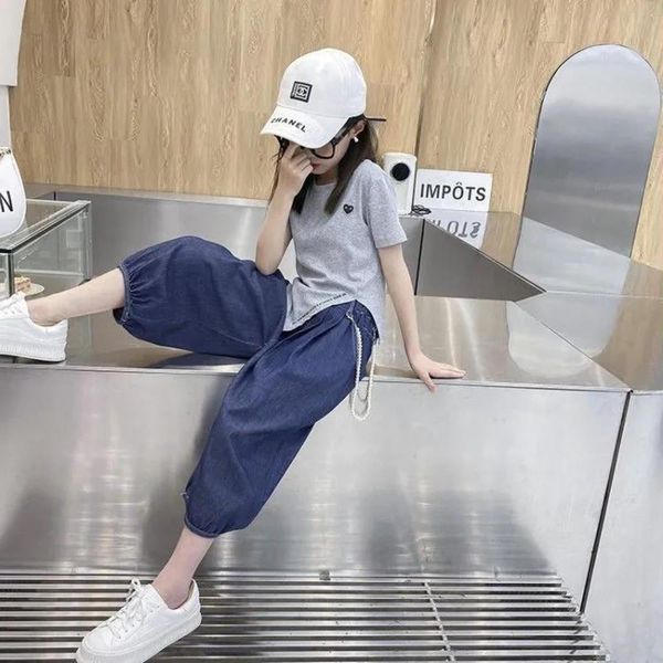 wear girl's suit short sleeve style thin middle loose set, Blue