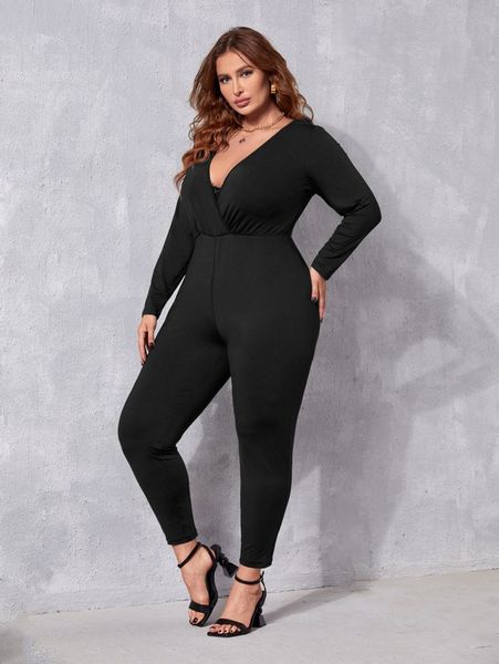 plus surplice neck unitard jumpsuit without belt t8j7#, Black 
plus surplice neck unitard jumpsuit without belt t8j7#, Black