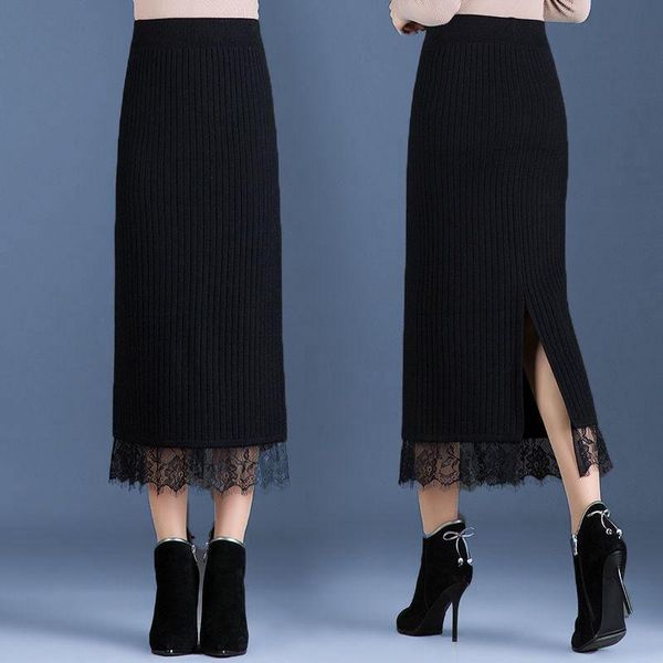 skirts black lace knitted women's autumn and winter high waist slit wool woman faldas jupe
skirts black lace knitted women's autumn and winter high waist slit wool woman faldas jupe