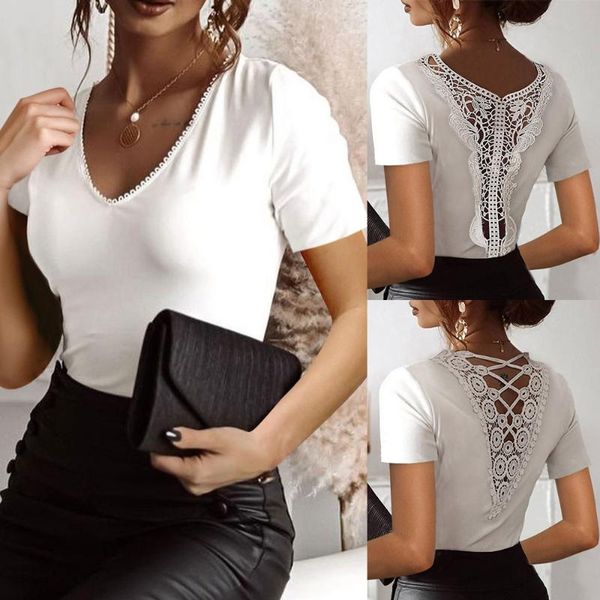 women's t-shirt 2021 women summer solid t-shirts back hollow out design lace decor v neck short sleeve slim pullovers for streetwea, White
women's t-shirt 2021 women summer solid t-shirts back hollow out design lace decor v neck short sleeve slim pullovers for streetwea, White