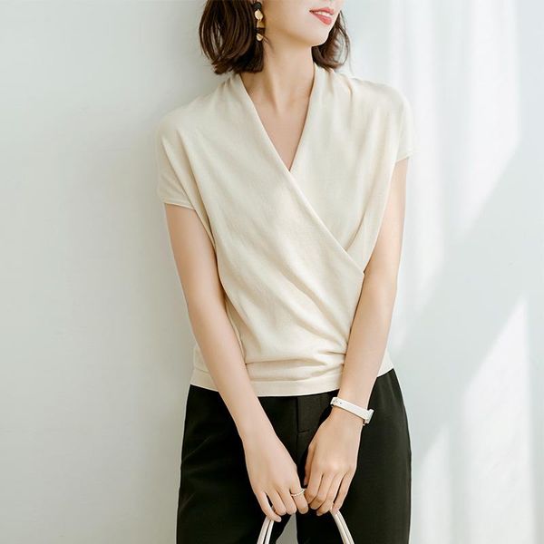 women's t-shirt chic basic cross v-neck pullover inside bottoming sweater temperament viscose fiber loose, White
women's t-shirt chic basic cross v-neck pullover inside bottoming sweater temperament viscose fiber loose, White