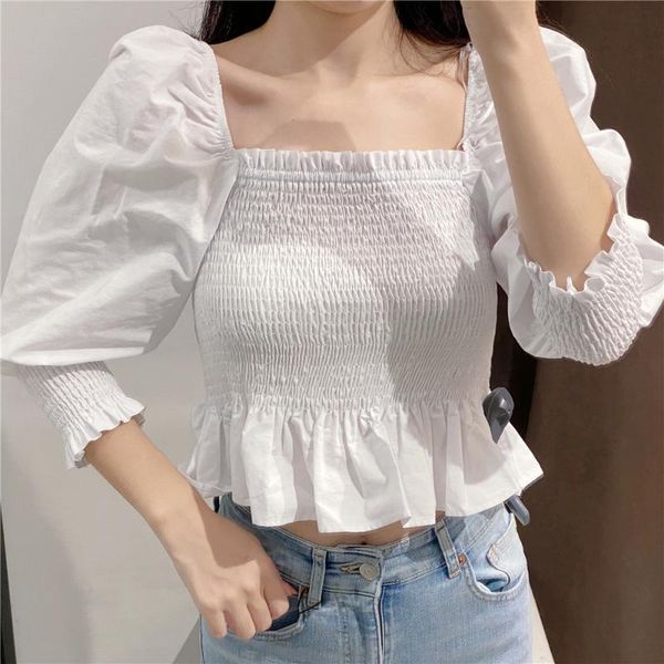 2021 autumn women's new design sense niche french blouse puff sleeve square neck ruffle pleated short shirt, White
2021 autumn women's new design sense niche french blouse puff sleeve square neck ruffle pleated short shirt, White