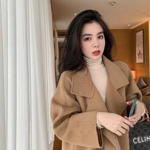 women's wool & blends 100% double faced cashmere qiu rouyao korean loose woolen coat medium long for women, Black
women's wool & blends 100% double faced cashmere qiu rouyao korean loose woolen coat medium long for women, Black
